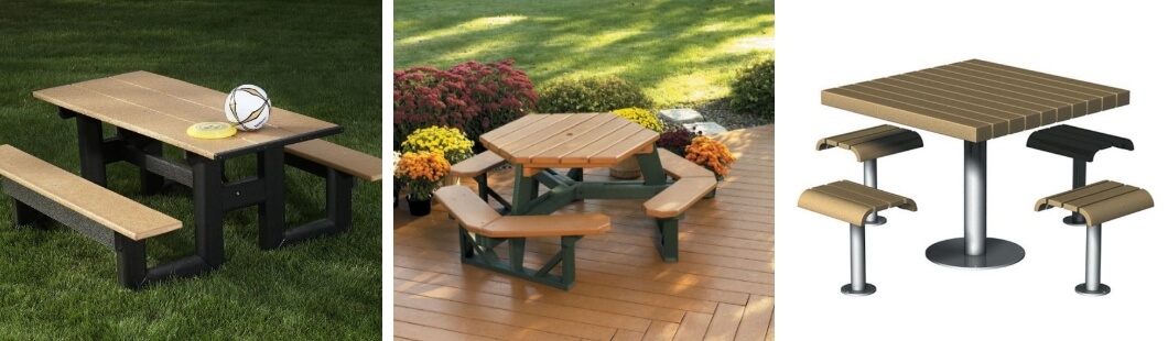 Outdoor plastic picnic tables in various shapes